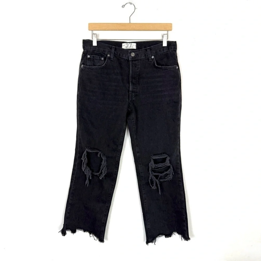 FREE PEOPLE Maggie Mid Rise Washed Black Distressed Straight Leg Cropped Jeans